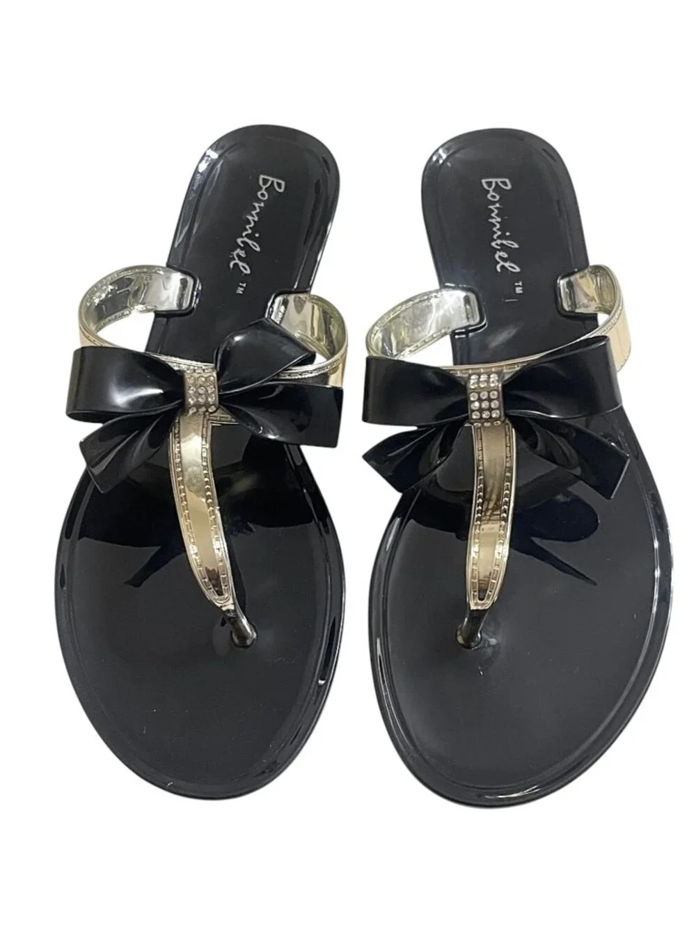 Bonnibel Jewel Bow Sandals – Gold Rhinestone Thong Flats | Women’s Sizes 5.5-10 - Picture 5 of 7